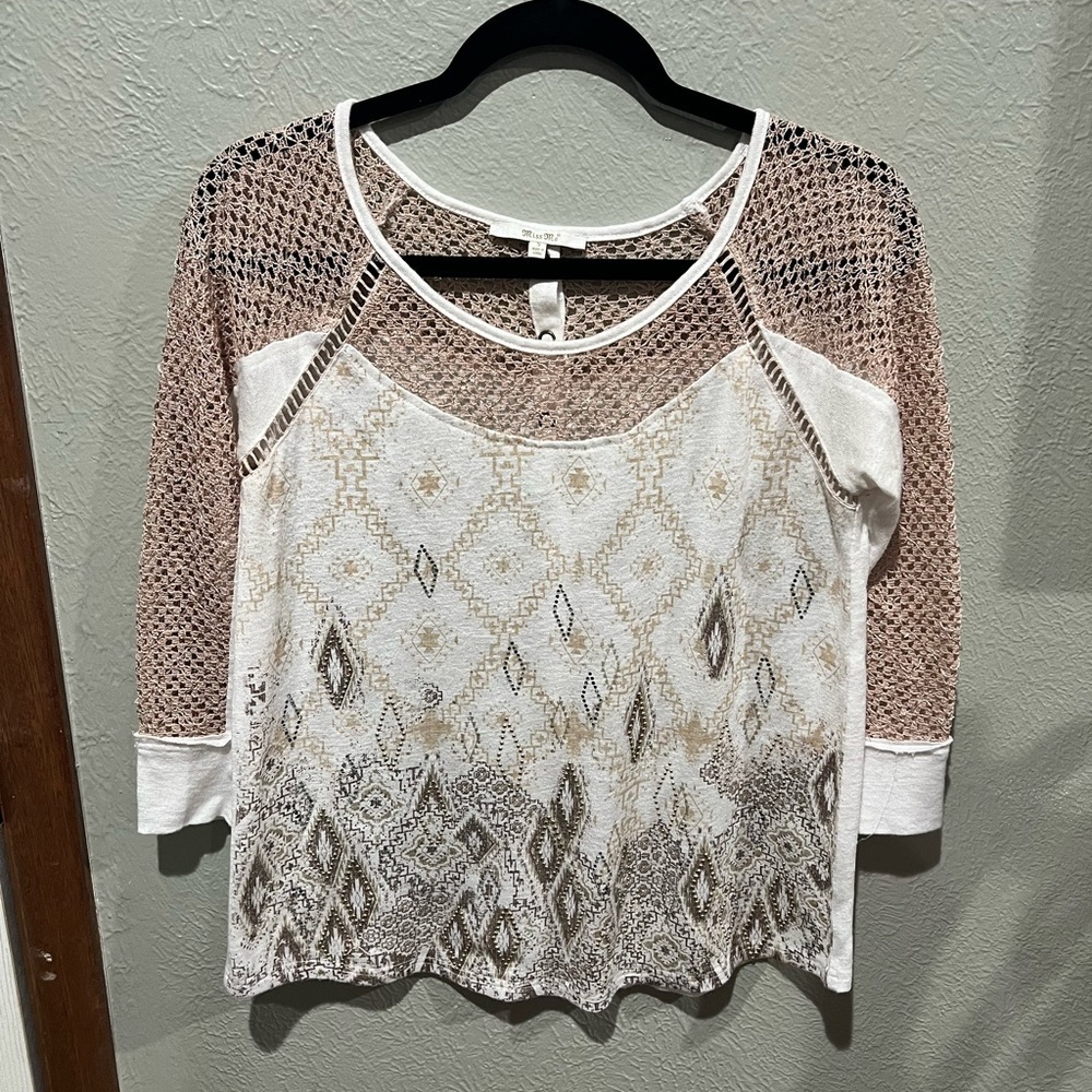 Miss Me Cream and Brown Lace Blouse Y2K Western Top EUC Size S